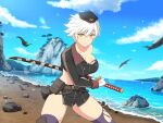  1girl battoujutsu_stance beach belt belt_buckle belt_pouch bird blue_sky breasts brown_belt buckle buttons cleavage cloud collarbone day double-breasted drawing_sword fighting_stance gloves hat holding holding_sheath holding_sword holding_weapon horizon infinity katana large_breasts looking_at_viewer midriff miyabi_(senran_kagura) mountain ocean official_art pouch purple_shirt purple_thighhighs ready_to_draw rock sand scabbard seagull senran_kagura senran_kagura_new_link senran_kagura_shinovi_versus sheath shirt short_hair sky slit_pupils solo sword thighhighs torn_clothes tree unsheathing water waves weapon white_gloves white_hair yaegashi_nan yellow_eyes 