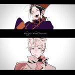  2boys animal_ears axis_powers_hetalia bear_ears black_hair blonde_hair china_(hetalia) fangs halloween_costume hamusitas happy_birthday highres jiangshi_costume low_ponytail multiple_boys parted_bangs russia_(hetalia) 