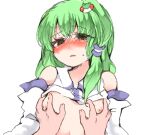  1girl animal_hair_ornament bare_shoulders blush breast_grab breasts clothes_lift d: detached_sleeves dot_nose embarrassed frog_hair_ornament full-face_blush furrowed_brow grabbing green_eyes green_hair groping hair_ornament kochiya_sanae long_hair long_sleeves looking_at_viewer nanana_(chicken_union) narrowed_eyes nipples parted_lips pov pov_hands raised_eyebrows shirt_lift simple_background small_breasts solo_focus sweat touhou upper_body white_background white_sleeves 