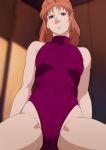  1girl aji_n blue_eyes blurry blurry_background breasts frown gundam gundam_unicorn highres indoors leotard looking_at_viewer marida_cruz medium_hair orange_hair small_breasts solo spread_legs 