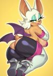  1girl animal_ears animal_nose backless_pants bat_ears bat_girl bat_wings breasts elbow_gloves eyeshadow furry furry_female gloves green_eyes highres large_breasts looking_at_viewer makeup pants pasties riz rouge_the_bat smile solo sonic_(series) tail white_gloves wings 