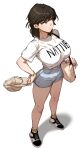  1girl absurdres bag black_hair breasts clothes_writing commentary_request gigle grey_eyes grey_shorts handbag highres large_breasts original shoes short_hair short_shorts short_sleeves shorts simple_background sneakers solo thighs white_background 