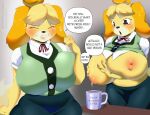 2023 animal_crossing anthro areola artist_name beverage big_breasts black_nose blonde_hair bluevelo blush bodily_fluids bottomwear breast_milking breast_squeeze breasts canid canine canis clothed clothing coffee coffee_mug dialogue domestic_dog dress_shirt english_text exposed_breasts eyebrows eyes_closed female floppy_ears fully_clothed hair hi_res holding_breast huge_breasts isabelle_(animal_crossing) lactating mammal milk nintendo nipples open_mouth shih_tzu shirt short_hair skirt smile solo speech_bubble sweat sweatdrop text topwear toy_dog url vest 