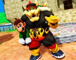  anthro bowser bowser_day carrying_another carrying_partner clothed clothing duo facial_hair fully_clothed hair headgear headwear hi_res horn human koopa luigi male male/male malicekira mammal mario_bros mustache nintendo red_hair scalie shell spikes 