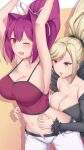  armpits blonde_hair breasts camisole cleavage crop_top dress heterochromia high_ponytail highres hilda_(under_night_in-birth) midriff multicolored_clothes multicolored_dress navel open_fly pants ponytail purple_eyes purple_hair purple_nails soukitsu tickling under_night_in-birth white_pants yuzuriha_(under_night_in-birth) 