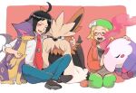  1boy 1girl ahoge animal_ears bianca_(pokemon) black_hair blonde_hair blush blush_stickers border cat_ears cat_tail cheren_(pokemon) closed_eyes collared_shirt dog_ears glasses green_headwear liepard musharna nashubi_(to_infinity_wow) necktie outside_border pokemon pokemon_(creature) pokemon_bw2 red_necktie shirt smile stoutland tail white_shirt 