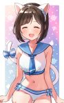  1girl ^_^ alternate_costume animal_ears blush breasts brown_hair cat_ears cat_tail closed_eyes collarbone fake_animal_ears highres idolmaster idolmaster_cinderella_girls maekawa_miku medium_breasts navel sailor_bikini sailor_collar smile solo stomach tail toririririre 