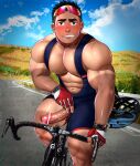  1boy artisticjinsky bar_censor bara bicycle black_hair black_shorts blush censored day erection fingerless_gloves gloves highres large_pectorals looking_at_viewer male_focus muscular muscular_male nipples original outdoors pectorals penis red_gloves riding riding_bicycle short_hair shorts smile solo thick_thighs thighs 