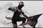  2015 akrolayn ambiguous_species anthro bandanna black_bandanna black_bottomwear black_clothing black_gloves black_handwear black_kerchief black_pants black_shirt black_tank_top black_topwear blood bodily_fluids bottomwear clothed clothing digital_media_(artwork) digital_painting_(artwork) flag fully_clothed geodis gloves handwear holding_flag holding_object jack_(akrolayn) kerchief male mask pants raised_leg shirt solo stars_and_stripes tank_top topwear united_states_of_america 