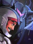  1boy brown_eyes commentary_request facial_hair gouf grin gundam horns looking_ahead male_focus mecha mobile_suit mobile_suit_gundam moroboshi_danshaku mustache one-eyed pilot_helmet profile purple_eyes ramba_ral robot science_fiction shoulder_spikes single_horn smile spikes 