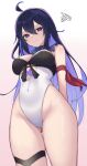  1girl absurdres ahoge armband arms_behind_back ass_visible_through_thighs b.c black_bra bra breasts covered_navel cowboy_shot groin highres honkai:_star_rail honkai_(series) leotard long_hair looking_at_viewer medium_breasts purple_eyes purple_hair seele_(honkai:_star_rail) simple_background skindentation solo squiggle thigh_strap underwear very_long_hair white_background white_leotard 