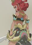  aqua_eyes aqua_lips arabian_clothes armor back bare_shoulders black_skirt blunt_ends bracelet crop_top dark-skinned_female dark_skin dual_wielding gerudo headpiece highres holding holding_sword holding_weapon jewelry looking_back midriff neck_ring pauldrons pointy_ears red_hair riju scimitar sheath shoulder_armor sideways_glance skinny skirt smile start_furuike sword the_legend_of_zelda the_legend_of_zelda:_tears_of_the_kingdom tiara weapon 