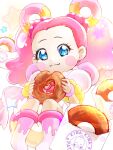  1girl artist_name blue_eyes blush clear_glass_(mildmild1311) commentary_request cure_pekorin doughnut eating eyelashes food hair_ornament hair_rings happy highres kirakira_precure_a_la_mode looking_at_viewer magical_girl pekorin_(precure) pekorin_(precure)_(human) pink_hair precure signature sitting smile solo twitter_username 