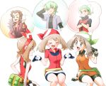  3girls :d bandana bike_shorts bow_hairband brendan_(pokemon) brown_hair collared_shirt commentary_request drew_(pokemon) eyelashes fangs fanny_pack gloves green_bag green_bandana green_eyes hairband hand_up highres knees may_(pokemon) multiple_girls open_mouth pokemon pokemon_(anime) pokemon_(game) pokemon_adventures pokemon_oras red_bandana red_hairband red_shirt shirt short_sleeves shorts sitting skirt sleeveless sleeveless_shirt smile spoken_character tongue u4_99384295 white_background white_shorts white_skirt yellow_bag 