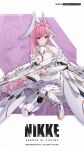  1girl armor armored_dress artist_request bare_shoulders boots breasts copyright_name dorothy_(nikke) elbow_gloves gloves goddess_of_victory:_nikke greaves gun highres holding holding_gun holding_weapon kneeling large_breasts long_hair nail_polish official_art pink_hair pink_nails purple_eyes solo very_long_hair weapon zoom_layer 