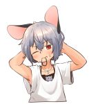  1girl animal_ears black_tank_top blush commentary_request cropped_torso flat_chest greenpiecerice grey_hair grey_scrunchie hair_between_eyes hair_tie_in_mouth highres looking_at_viewer medium_bangs mouse mouse_ears mouse_girl mouth_hold nazrin one_eye_closed open_mouth red_eyes scrunchie shirt short_hair short_sleeves simple_background solo tank_top touhou upper_body white_background white_shirt 