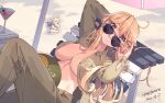  1girl adjusting_eyewear aviator_sunglasses blonde_hair blue_eyes breasts cleavage commentary_request dog highres himeyamato iowa_(kancolle) jacket kantai_collection large_breasts long_hair looking_over_eyewear lying no_bra on_back pants puppy revision solo star-shaped_pupils star_(symbol) sunglasses symbol-shaped_pupils victory_(dog) 