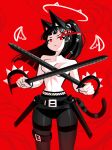  1girl andaerz animal_ears belt black_hair black_pantyhose cat_ears dual_wielding hair_ornament hairpin highres holding holding_sword holding_weapon leg_belt original pantyhose ponytail pout red_background red_eyes sword tail weapon 