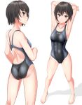  1girl abs absurdres amagami arms_behind_head ass barefoot black_hair black_one-piece_swimsuit breasts brown_eyes competition_swimsuit cowboy_shot highres looking_at_viewer looking_back medium_breasts multiple_views nanasaki_ai one-piece_swimsuit short_hair simple_background standing swimsuit takafumi two-tone_swimsuit white_background 