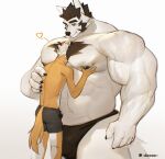  annoyed anthro bare_shoulders bear between_pecs biceps big_biceps big_muscles big_pecs black_body black_fur black_hair bottomwear canid canine canis chest_tuft clothing doooo2424 duo embrace eyebrows face_in_chest fox fur hair head_between_pecs hi_res hug huge_muscles larger_anthro larger_male male male/male mammal muscular muscular_male orange_body orange_fur pants pec_grab pec_smothering pecs shorts size_difference tail thick_eyebrows tight_clothing triceps tuft white_body white_fur white_hair white_tail wolf 