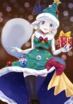  1girl :d black_footwear blue_eyes blurry blurry_background boots bow candy candy_cane christmas christmas_tree_costume commentary dress earrings elbow_gloves feet_out_of_frame food ghost gift gloves green_dress green_headwear grey_hair hat_ornament holding holding_gift jewelry konpaku_youmu konpaku_youmu_(ghost) looking_at_viewer open_mouth pointy_hat red_bow saigyouji_yuyuko shizuki_uru short_hair smile solo star_(symbol) star_hat_ornament teeth touhou upper_teeth_only 