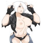  1girl abs angel_(kof) backless_pants blue_eyes blush bra breasts breasts_out chaps cropped_jacket fighting_game finger_horns fingerless_gloves gloves hair_over_one_eye highres horns_pose index_fingers_raised inverted_nipples jacket large_breasts leather leather_jacket looking_at_viewer midriff navel nipples open_mouth panties pants ryu3224 short_hair snk solo the_king_of_fighters the_king_of_fighters_xiv toned underwear white_hair 