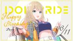  1girl bag blonde_hair dated fran_(idoly_pride) green_eyes green_jacket happy_birthday highres idoly_pride jacket jewelry long_hair looking_at_viewer official_art open_clothes open_jacket open_mouth qp:flapper shopping_bag smile solo sunglasses upper_body 