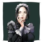  1girl black_dress black_hair braid dress fata_morgana_no_yakata forehead frills green_eyes hand_on_own_chin highres kane_mune long_hair long_sleeves looking_to_the_side maid maid_headdress outside_border portrait solo the_maid_(fata_morgana) 