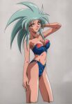  1990s_(style) 1girl absurdres arm_behind_head arm_up big_hair bikini blue_bikini breasts cel cleavage collarbone cropped_legs highres large_breasts light_green_hair navel non-web_source official_art pointy_ears retro_artstyle ryouko_(tenchi_muyou!) scan simple_background smile solo spiked_hair strapless strapless_bikini swimsuit tenchi_muyou! yellow_eyes 