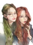  2girls aespa black_sweater bng_(bnnn9) brown_eyes brown_hair giselle_(aespa) hand_in_own_hair highres k-pop karina_(aespa) looking_at_viewer mole mole_under_mouth multiple_girls open_mouth portrait real_life realistic red_hair round_eyewear shirt simple_background smile sweater white_background white_shirt 
