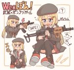  1girl :&lt; ? absurdres akmsu ammunition arrow_(symbol) assault_rifle beret black_footwear black_headwear black_jacket black_thighhighs blonde_hair blue_eyes blush bocchi-ya-nawi closed_mouth cocking_gun collared_shirt colored_shoe_soles colored_text commentary cropped_torso english_commentary flying_sweatdrops folding_stock food-themed_hair_ornament foregrip framed full_body gun hair_between_eyes hair_ornament hairclip hat highres holding holding_gun holding_weapon hood hood_down hooded_jacket jacket kalashnikov_rifle knee_mortar long_hair low_twintails mixed-language_commentary mortar_(weapon) multicolored_footwear multiple_views necktie on_one_knee open_clothes open_jacket open_mouth orange_hair_ornament original pleated_skirt red_footwear red_necktie red_skirt rifle rifle_cartridge shirt shoe_soles shoes simple_background sitting skirt spoken_question_mark sweat thighhighs translation_request twintails upper_body very_long_hair weapon white_background white_footwear x 