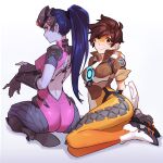  2girls ass backless_outfit bodysuit breasts brown_eyes brown_hair colored_skin dnaitari earrings from_behind full_body high_heels highres jewelry looking_at_viewer medium_breasts multiple_girls overwatch purple_skin smile tracer_(overwatch) white_background widowmaker_(overwatch) 