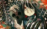  1girl black_hair bone chainsaw_man closed_mouth highres holding holding_skull long_hair nayuta_(chainsaw_man) red_eyes ringed_eyes skull solo spine utaba_natu_52hz 