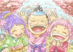  1boy 2girls black_hair blunt_bangs child closed_eyes cloud cloudy_sky hair_bun happy_tears high_ponytail japanese_clothes kumo_d7 momonosuke_(one_piece) multiple_girls one_piece open_mouth outdoors pink_hair ponytail purple_hair short_hair single_hair_bun sky smile tama_(one_piece) tears teeth toko_(one_piece) traditional_clothes 
