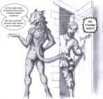 0laffson anthro butt cheetah digitigrade door duo enorach_(0laffson) felid feline hi_res human lars_(0laffson) male mammal monochrome nude traditional_media_(artwork) 