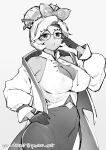  1girl absurdres adjusting_eyewear artist_name breasts commentary ge-b glasses gloves greyscale hair_ornament hand_on_own_hip hand_up highres jacket large_breasts looking_at_viewer mole mole_under_mouth monochrome open_clothes open_jacket puffy_sleeves purah round_eyewear sheikah shirt short_hair simple_background skirt sleeveless sleeveless_shirt solo the_legend_of_zelda the_legend_of_zelda:_tears_of_the_kingdom 