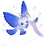  antennae blue_eyes butterfly_wings digimon digimon_(creature) disembodied_limb highres looking_at_another morphomon nagoshi open_mouth simple_background solo_focus white_background wings 