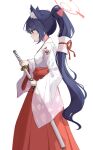  1girl amaton707 animal_ear_fluff animal_ears blue_archive blue_hair blush cat_ears dark_blue_hair from_side hakama hakama_skirt halo highres holding holding_sheath holding_sword holding_weapon japanese_clothes katana kimono long_hair looking_down ponytail red_eyes red_hakama red_skirt serika_(blue_archive) serika_(new_year)_(blue_archive) sheath simple_background skirt solo sword weapon white_background white_kimono 