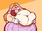  anthro arllanaeats belly big_belly blush bodily_fluids breasts clothed clothing female flying_sweatdrops gloves hair handwear hi_res lagomorph leporid mammal mature_anthro mature_female navel orange_hair overweight overweight_anthro overweight_female rabbit sega smile solo sonic_the_hedgehog_(series) struggling_to_fit sweat sweatdrop vanilla_the_rabbit 