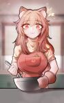  1girl animal_ear_fluff animal_ears apron arknights bowl commentary_request eyelashes gravel_(arknights) han_han_xiao_leng highres holding holding_bowl indoors long_hair looking_at_viewer oven_mitts pink_apron pink_eyes pink_hair shirt short_sleeves solo upper_body very_long_hair 