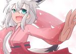  1girl animal_ear_fluff animal_ears blush braid cherry_blossoms commentary_request extra_ears fang fox_ears fox_girl fox_tail green_eyes hair_between_eyes highres hololive japanese_clothes kasaneko kimono long_hair looking_at_viewer obi open_mouth outstretched_arms pink_kimono sash shirakami_fubuki sidelocks single_braid skin_fang solo tail virtual_youtuber white_hair 