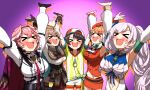  &gt;_&lt; 5girls absurdres baseball_cap beret black_hair brown_hair coat coat_on_shoulders ddolbang gloves grey_hair hat highres holobirds hololive hololive_english hololive_indonesia long_hair multiple_girls nanashi_mumei oozora_subaru orange_hair orange_headwear outstretched_arms partially_fingerless_gloves pavolia_reine pink_hair purple_background red_coat smile takanashi_kiara takane_lui virtual_youtuber 