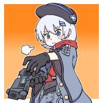  1girl bandaid bandaid_on_face black_gloves blue_eyes blue_jacket blue_shorts bodysuit bodysuit_under_clothes character_name covered_navel cowboy_shot girls&#039;_frontline gloves grey_hair gun hair_ornament hairclip handgun hat holding holding_gun holding_weapon jacket mangaradio mod3_(girls&#039;_frontline) mp-446_(girls&#039;_frontline) mp-446_viking orange_background red_scarf scarf sheriff_badge short_hair shorts simple_background solo weapon wide_sleeves 