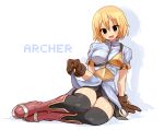  1girl archer_(ragnarok_online) belt black_panties black_skirt black_thighhighs blonde_hair blue_shirt blush boots breasts brown_footwear brown_gloves character_name clothes_lift commentary full_body gloves green_eyes hair_between_eyes highres looking_at_viewer medium_bangs medium_breasts miniskirt muneate open_mouth panties pleated_skirt ragnarok_online shadow shirosu shirt shirt_lift short_hair short_sleeves sitting skirt smile solo thighhighs underwear yokozuwari 