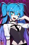 1girl black_nails blue_eyes blue_hair breasts choker commentary english_commentary hair_between_eyes hatsune_miku highres j.k. looking_at_viewer necktie open_mouth short_sleeves solo teeth tongue twintails upper_body vocaloid watermark 