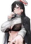  1girl black_bra black_hair black_panties blue_archive blush bra breasts closed_mouth cowboy_shot groin hair_ornament hairpin halo highres large_breasts long_hair long_sleeves looking_at_viewer panties poharo red_eyes rio_(blue_archive) simple_background solo sweater turtleneck turtleneck_sweater underwear white_background white_sweater 