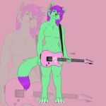  anthro canid canine female fox full-length_portrait green_body guitar guitarist hair hi_res machine_gun_kelly male male/female mammal musical_instrument naoto pink_hair plucked_string_instrument portrait sad solo string_instrument 