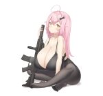  1girl absurdres assault_rifle bra breasts cleavage gun hair_ribbon highres holding holding_gun holding_weapon huge_breasts keibeam leggings long_hair looking_at_viewer orange_eyes original pink_hair ribbon rifle sitting underwear weapon white_background 