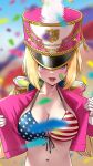  1girl :d aki_rosenthal american_flag_bikini ar-khey bandaid bandaid_on_face bikini blonde_hair blue_eyes breasts cleavage confetti detached_hair epaulettes flag_print gloves hat highres hololive jacket large_breasts marching_band navel open_clothes open_jacket open_mouth shako_cap smile solo stomach swimsuit twintails virtual_youtuber 