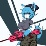  absurd_res anthro beret blue_eyes blue_hair camo camo_clothing camo_print clothing domestic_cat felestell felid feline felis female fur gun hair hasbro hat headgear headwear hi_res mammal meme nerf_(toy) nerf_blaster pattern_clothing ranged_weapon rifle short_hair sniper_rifle solo surprised_expression thiccy_(felestell) toy toy_gun weapon white_body white_fur 